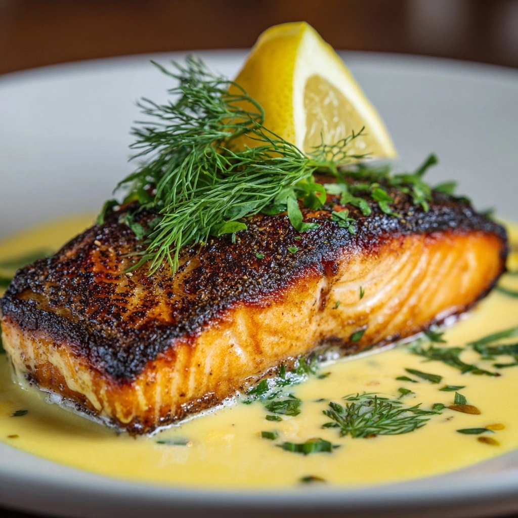 Blackened Salmon with Creole Lemon Dill Sauce Recipe - Recipe Image