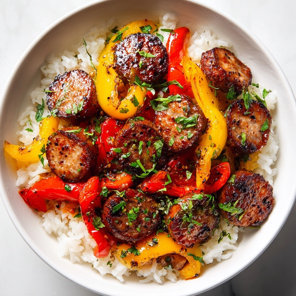 Sausage, Onion, Bell Peppers & Tomatoes over Rice Recipe - Recipe Image