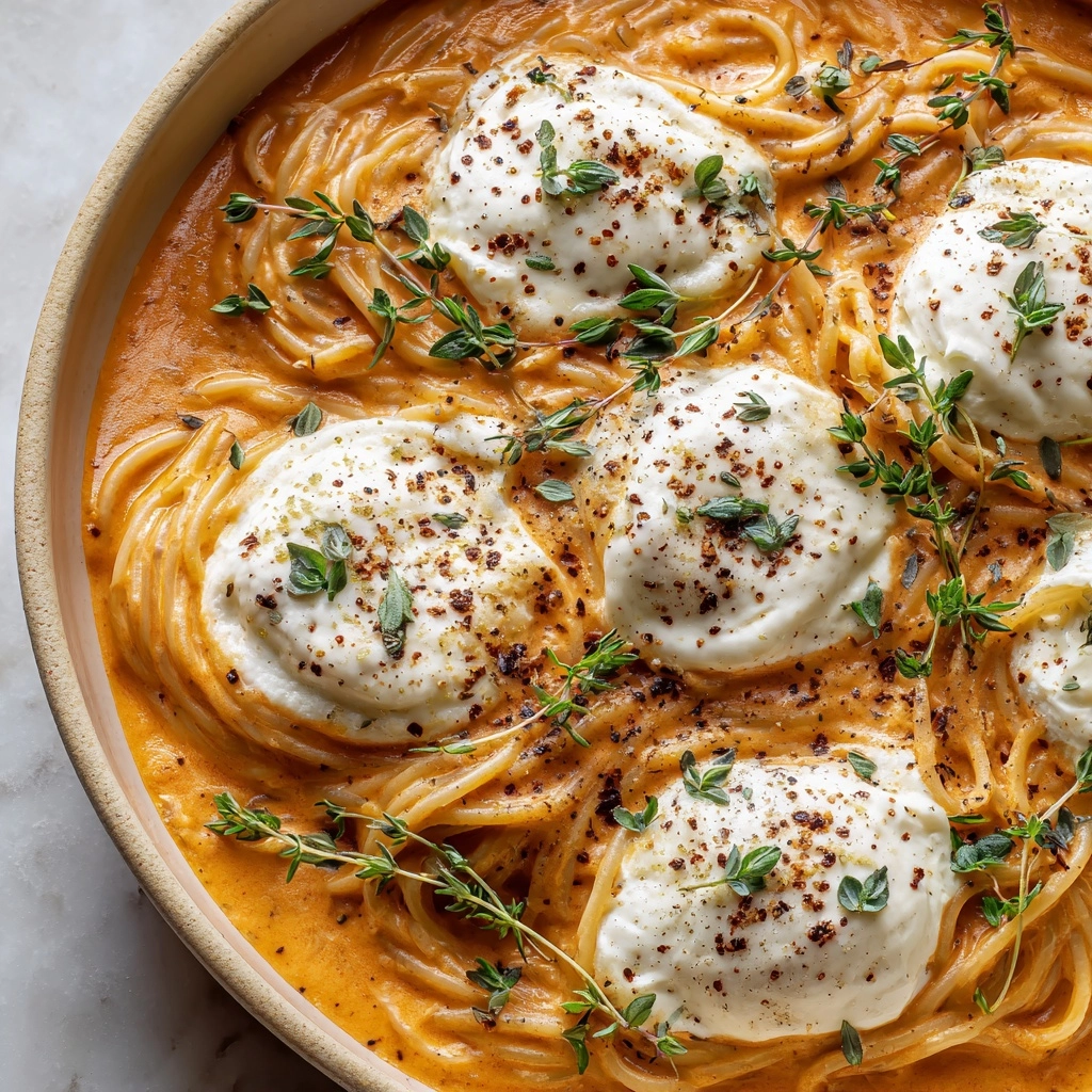 Creamy Red Pepper Pasta with Burrata and Herbs Recipe - Recipe Image