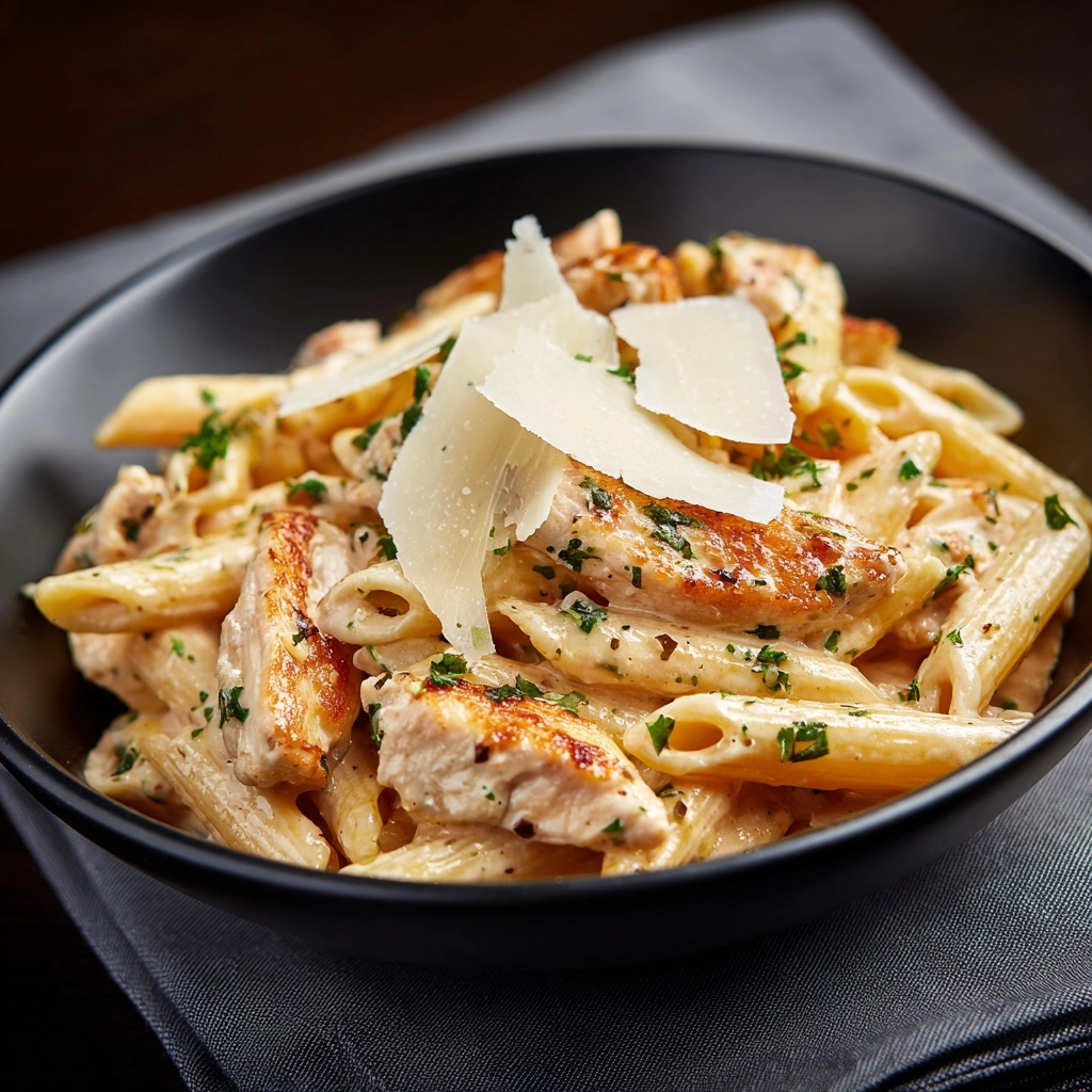 Creamy Garlic Butter Chicken and Rigatoni in Parmesan Sauce Recipe - Recipe Image