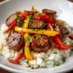 Sausage, Onion, Bell Peppers & Tomatoes over Rice Recipe