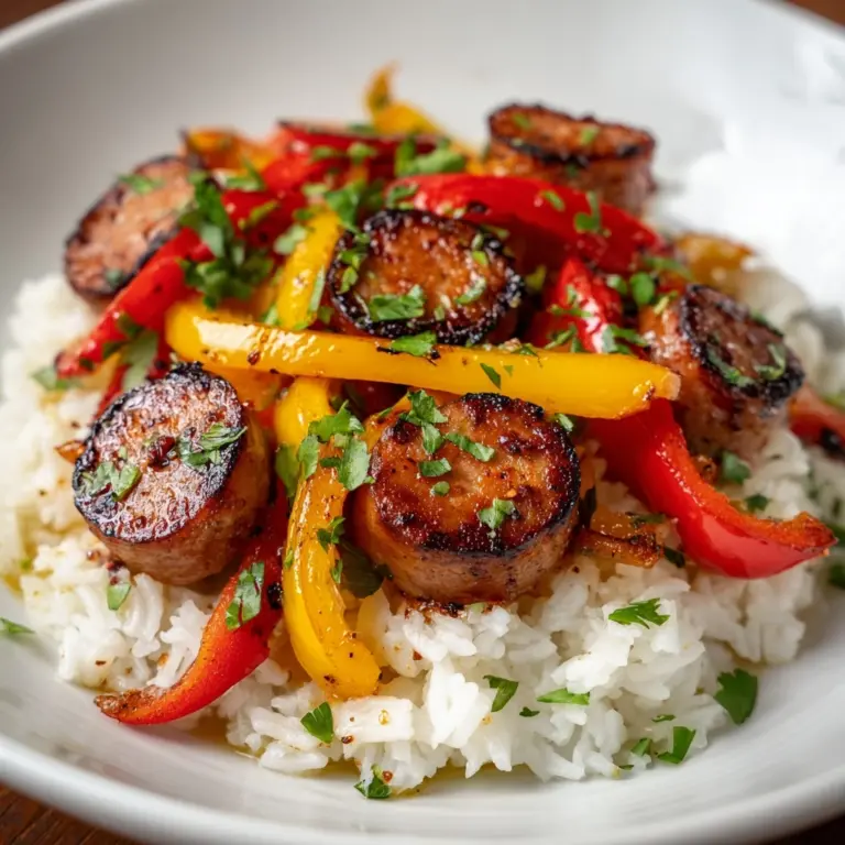 Sausage, Onion, Bell Peppers & Tomatoes over Rice Recipe