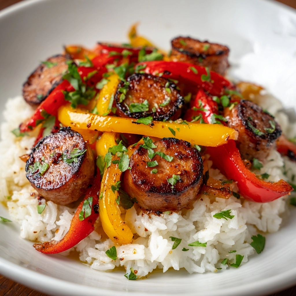 Sausage, Onion, Bell Peppers & Tomatoes over Rice Recipe