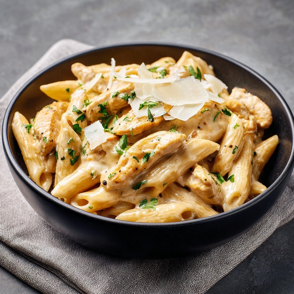 Creamy Garlic Butter Chicken and Rigatoni in Parmesan Sauce Recipe - Recipe Image