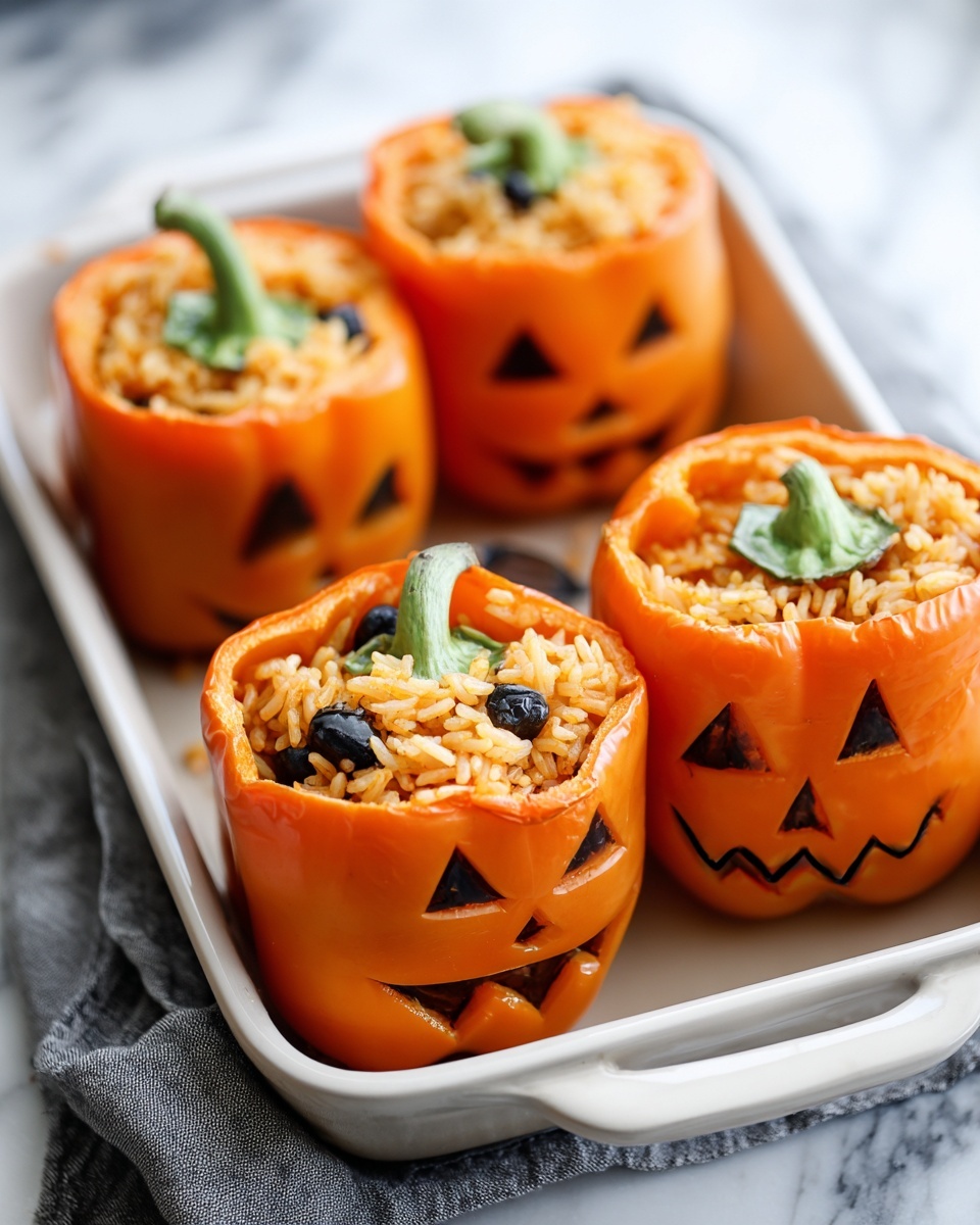 Shredded Chicken & Rice Stuffed Peppers (Halloween Style) Recipe - Recipe Image