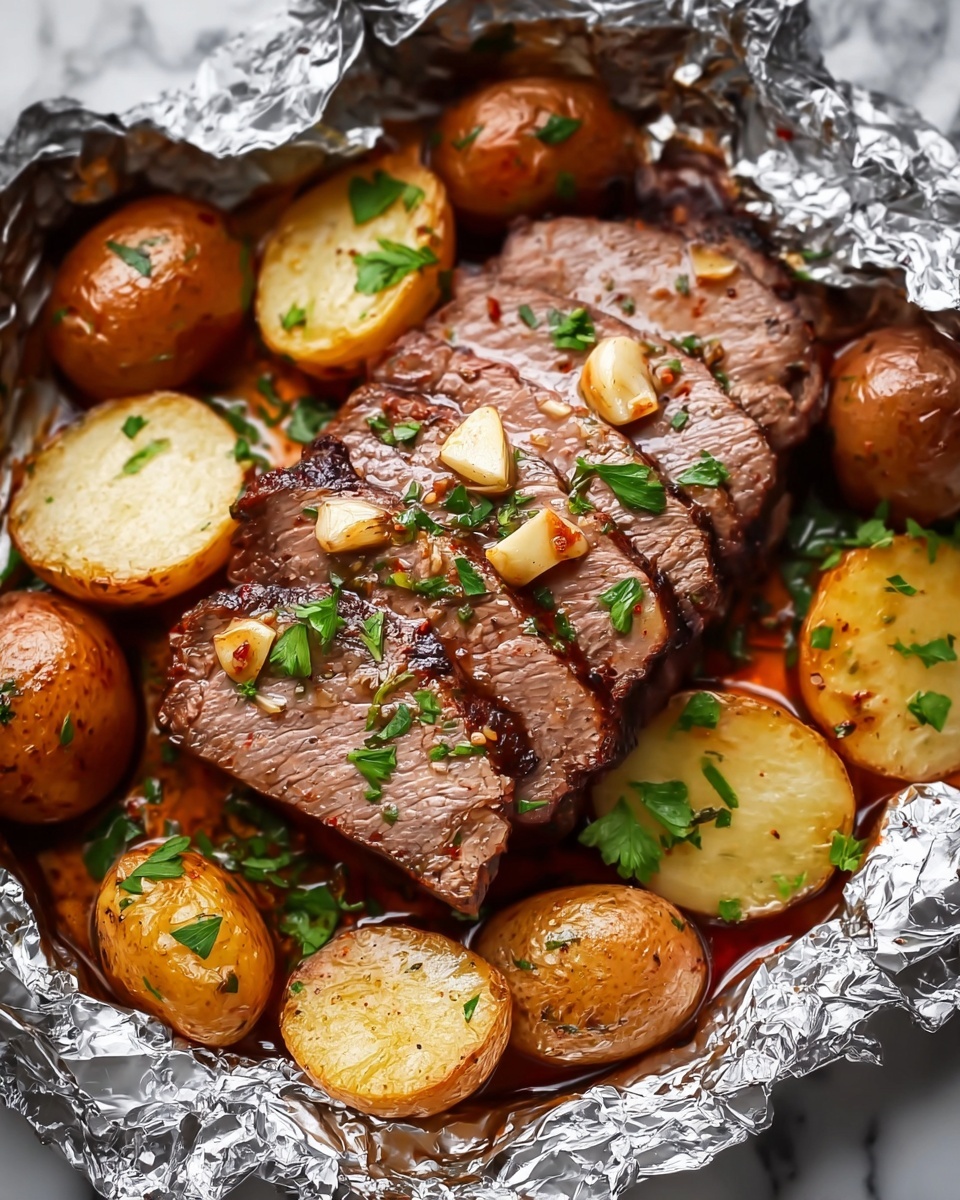 Garlic Butter Steak and Potato Foil Packets Recipe - Recipe Image