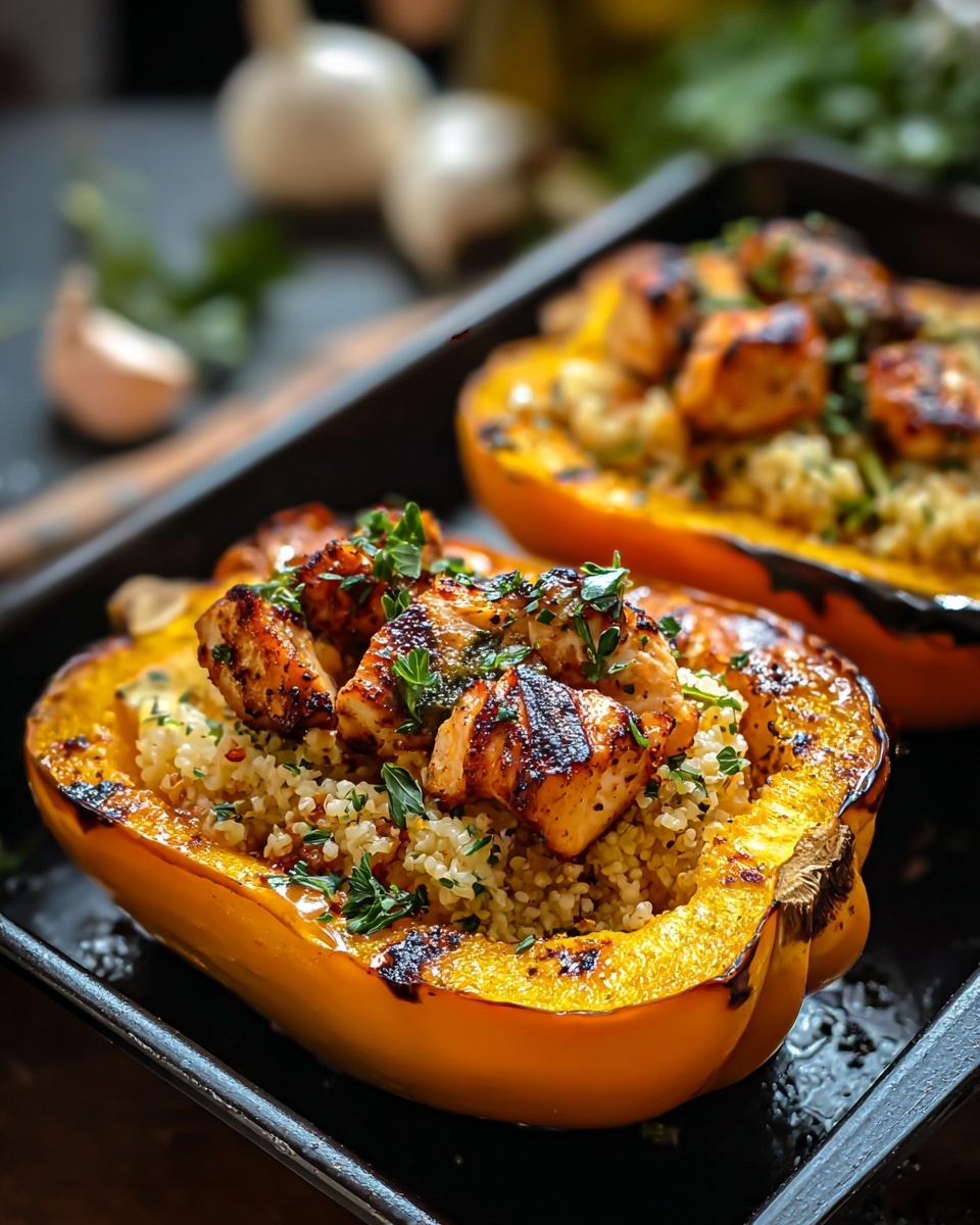 Sweet and Savory Honey Roasted Butternut Squash Stuffed with Chicken Recipe - Recipe Image