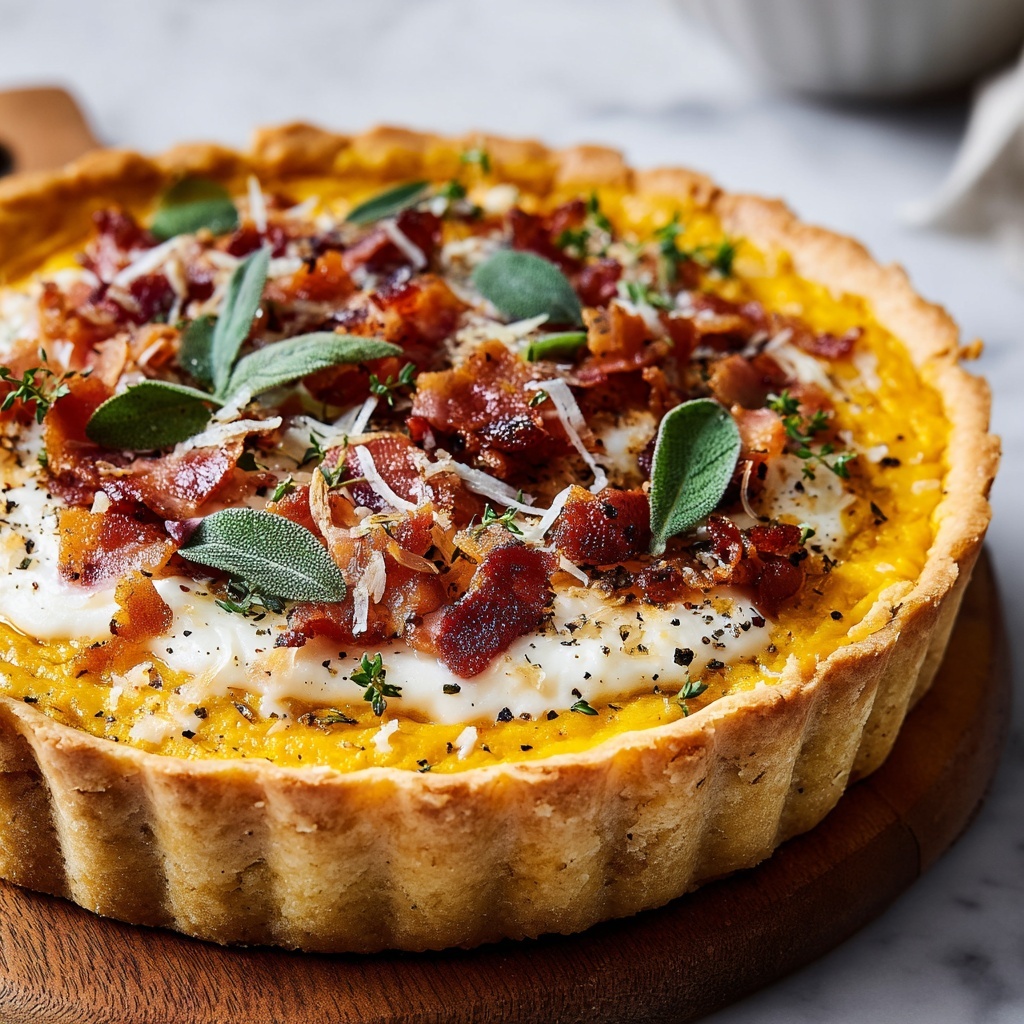 Pumpkin, Ricotta & Caramelized Onion Tart with Bacon and Sage Recipe - Recipe Image