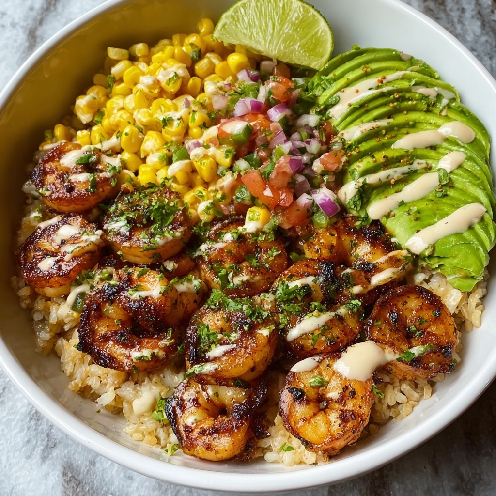 Grilled Shrimp Bowl with Avocado Corn Salsa and Creamy Lime Sauce Recipe - Recipe Image