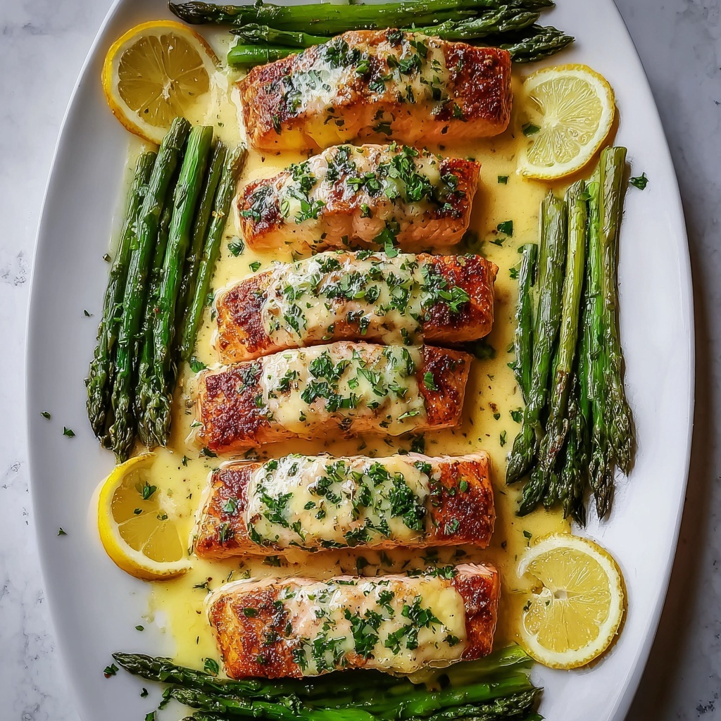 Baked Salmon in Foil with Asparagus and Lemon Garlic Butter Sauce Recipe - Recipe Image
