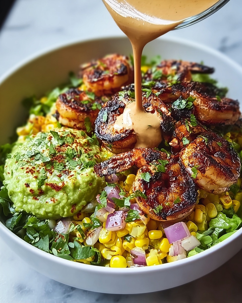 Grilled Shrimp Bowl with Avocado, Corn Salsa & Creamy Sauce Recipe - Recipe Image