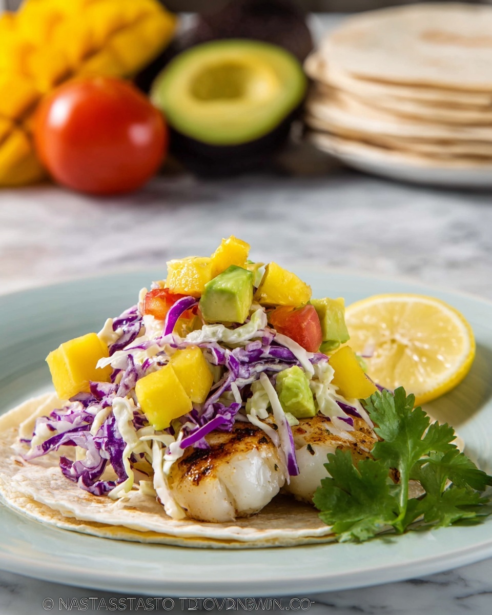 Shrimp Tacos with Coconut Coleslaw and Mango Salsa Recipe - Recipe Image