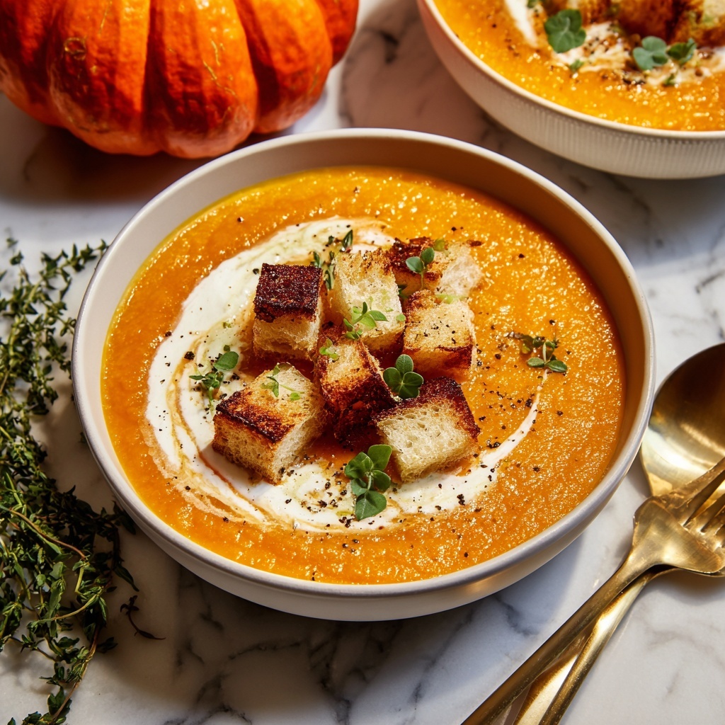 Pumpkin Bisque with Grilled Cheese Croutons Recipe - Recipe Image