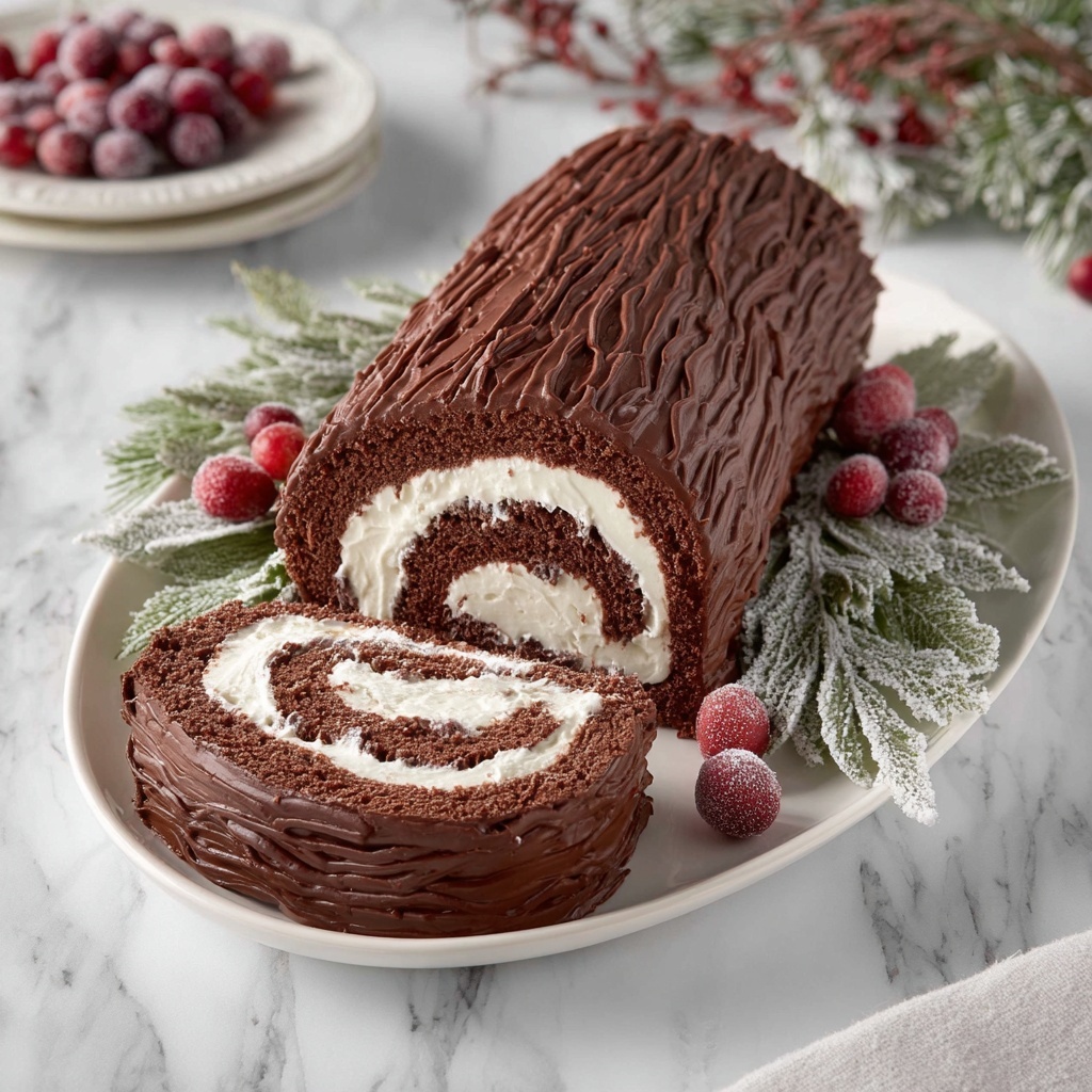 Yule Log Cake (Bûche de Noël) with Cranberries and Rosemary Garnish Recipe - Recipe Image
