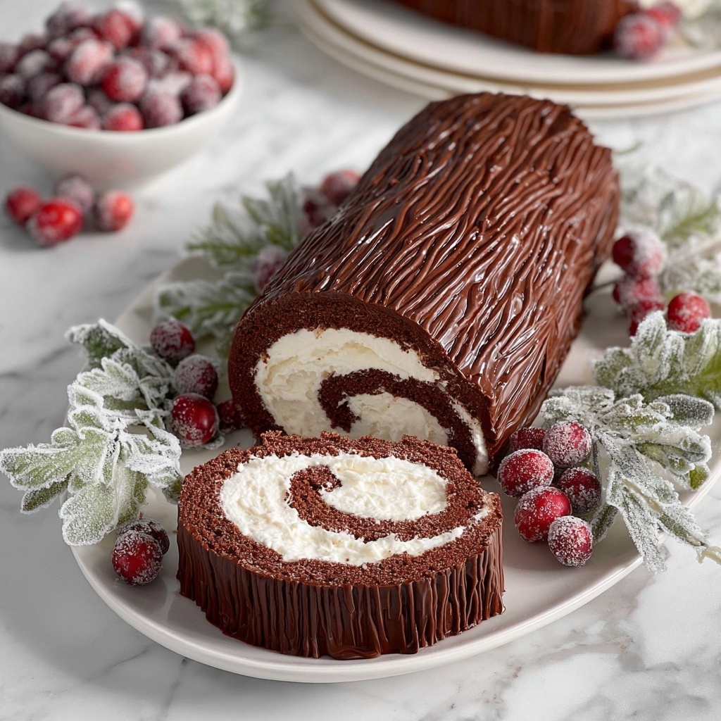 Yule Log Cake (Bûche de Noël) with Cranberries and Rosemary Garnish Recipe - Recipe Image