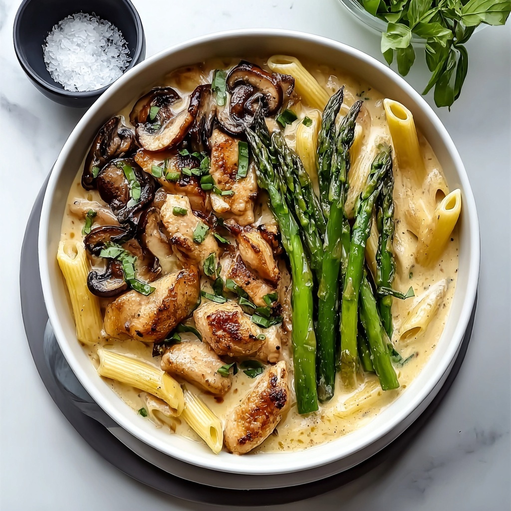 Creamy Mushroom and Asparagus Chicken Penne Recipe - Recipe Image