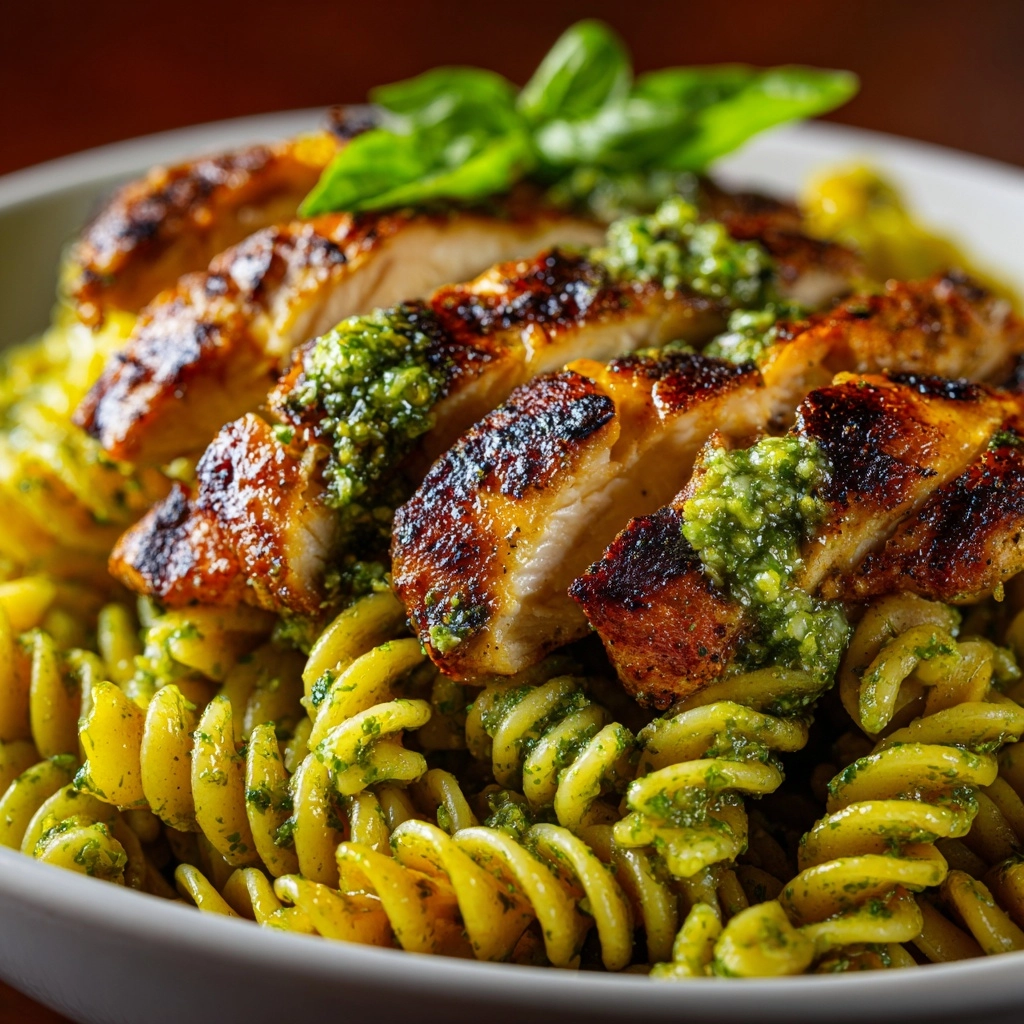 Pasta with Spinach Pesto and Grilled Chicken Recipe - Recipe Image
