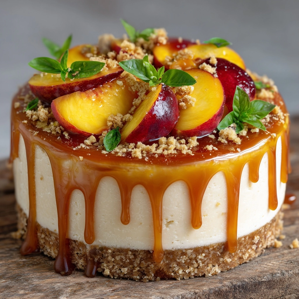 Vanilla Bean Cheesecake with Peach Cobbler & Salted Caramel Recipe - Recipe Image