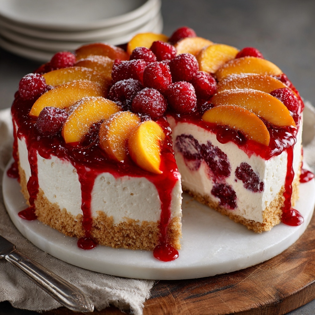Summer Bliss Peach and Raspberry Cheesecake Delight Recipe - Recipe Image
