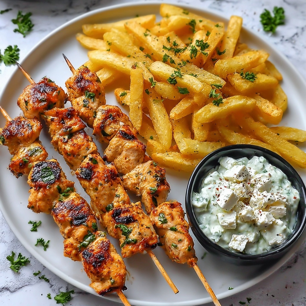 Chicken Tzatziki Skewers with Feta Fries Recipe - Recipe Image