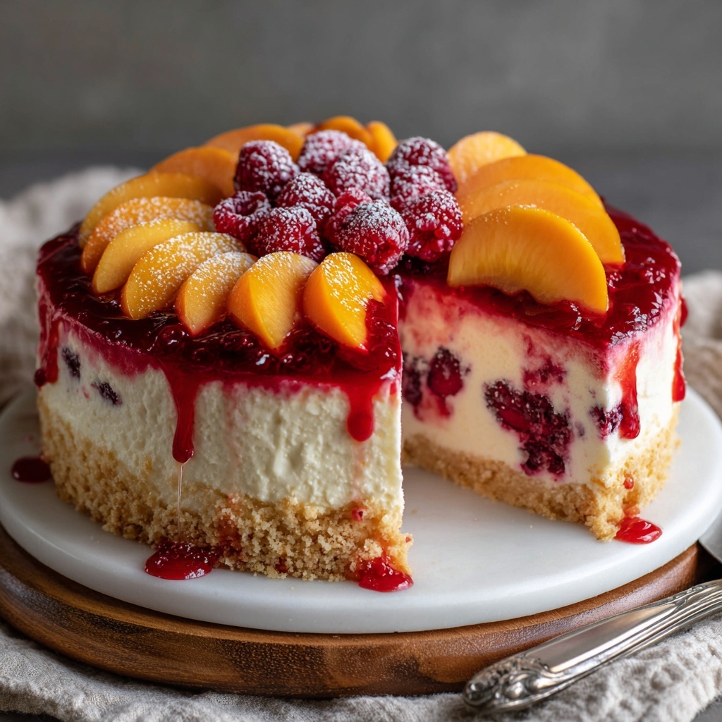 Summer Bliss Peach and Raspberry Cheesecake Delight Recipe - Recipe Image