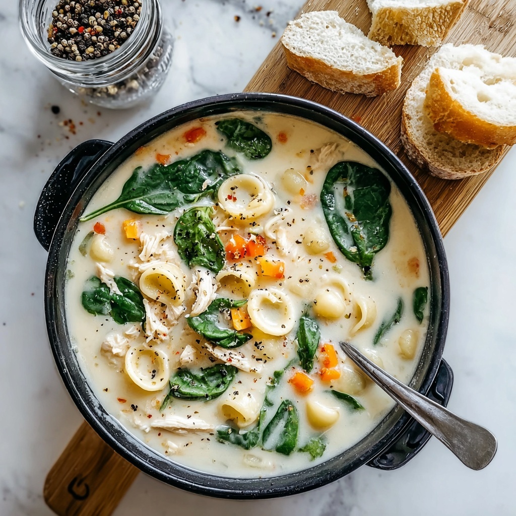 Creamy Chicken Soup with Pasta and Spinach Recipe - Recipe Image