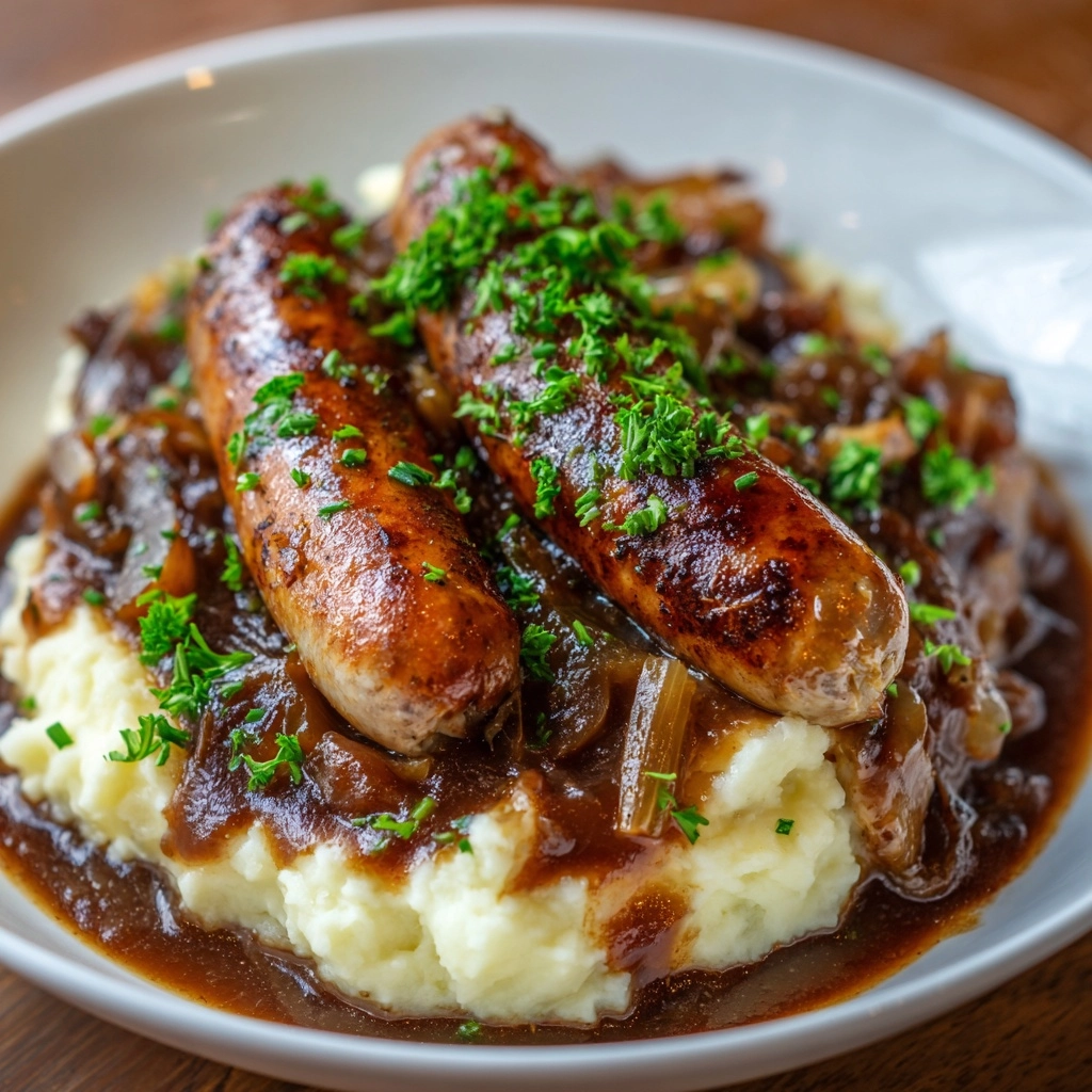 Bangers and Colcannon with Guinness Onion Gravy Recipe - Recipe Image
