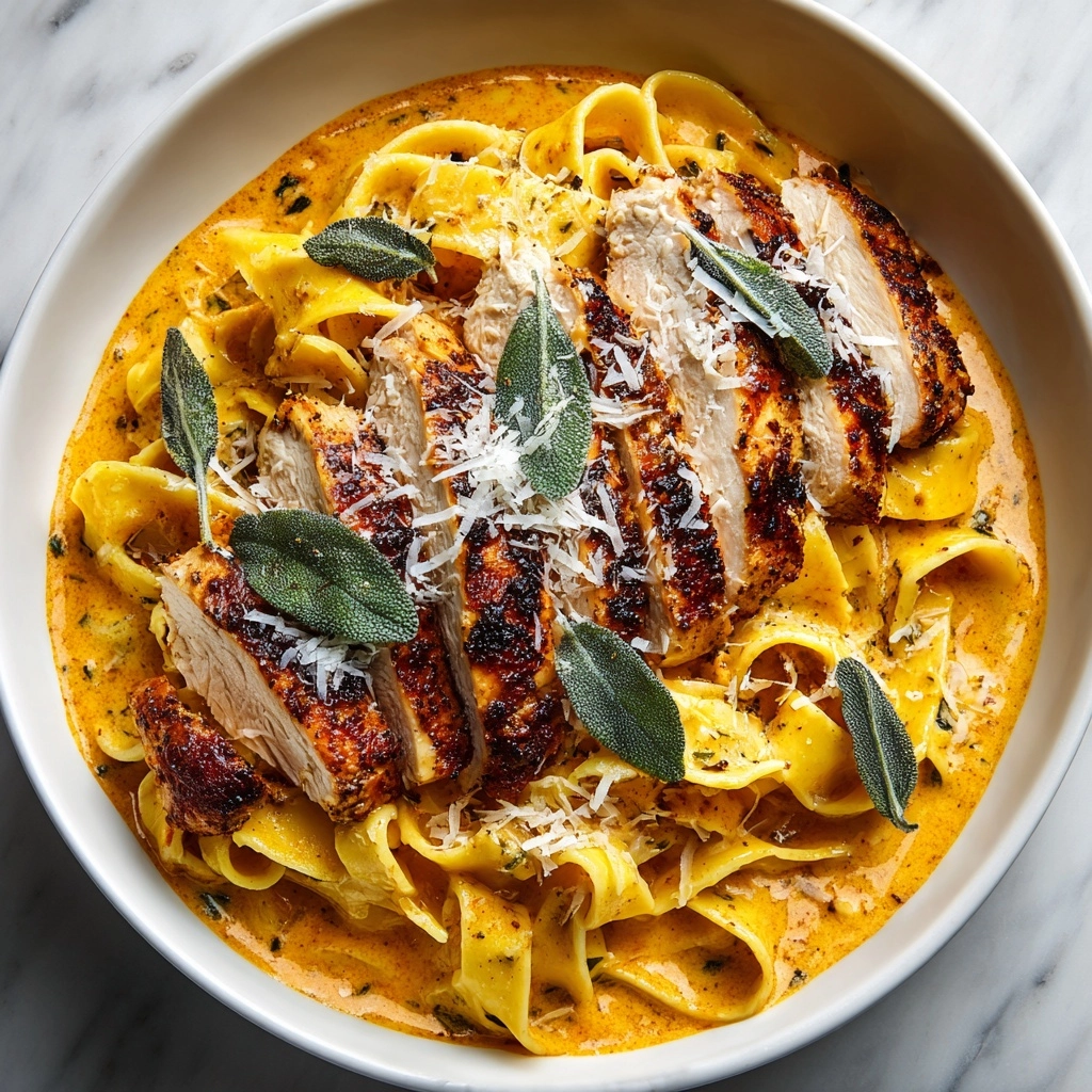 Pumpkin and Roasted Garlic Cream Sauce Fettuccine with Grilled Sage-Rubbed Chicken Recipe - Recipe Image