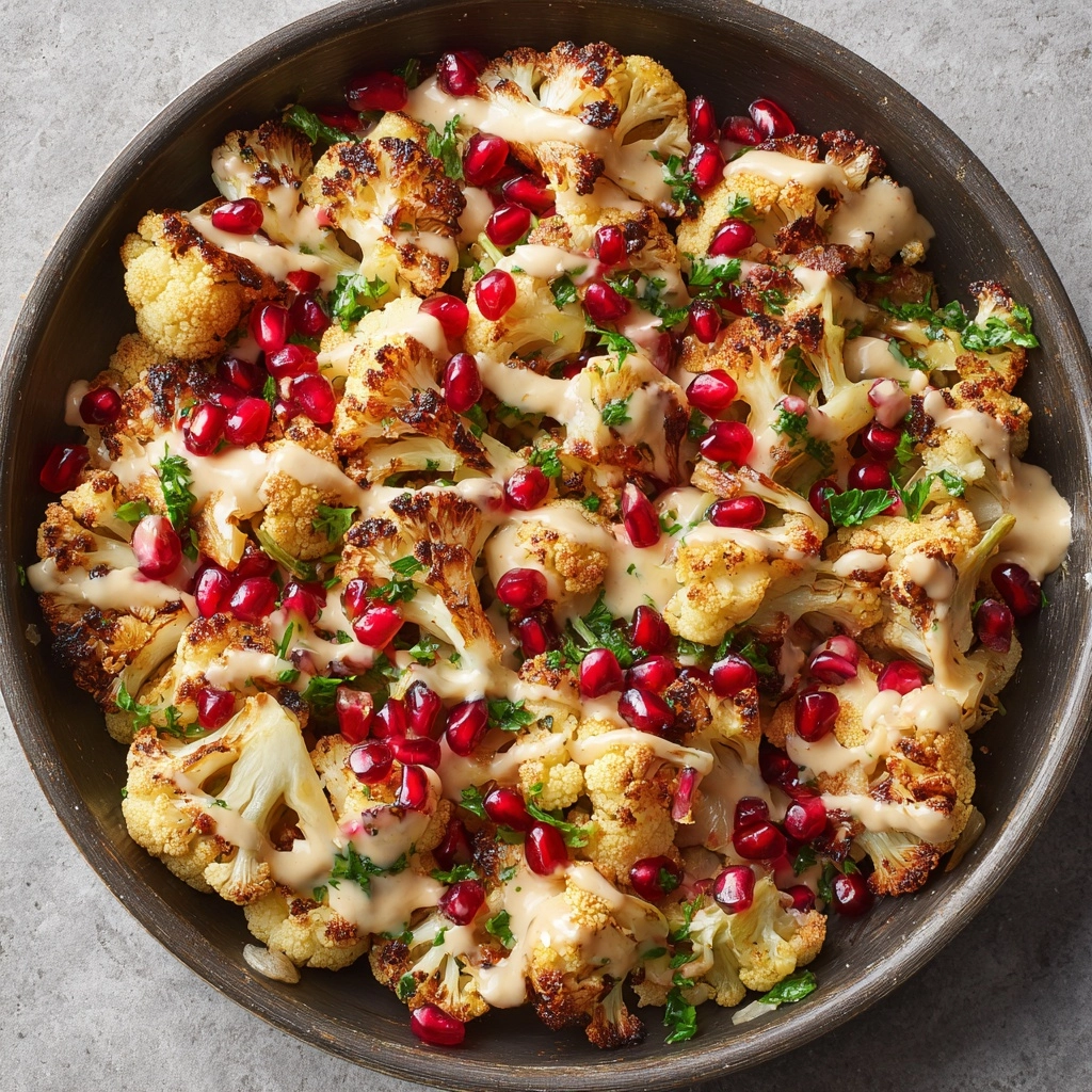 Roasted Cauliflower with Garlic Tahini Sauce and Pomegranate Recipe - Recipe Image