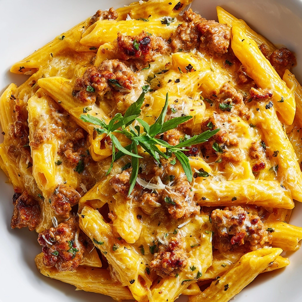 Cheesy Penne with Garlic Butter Ground Beef Recipe - Recipe Image