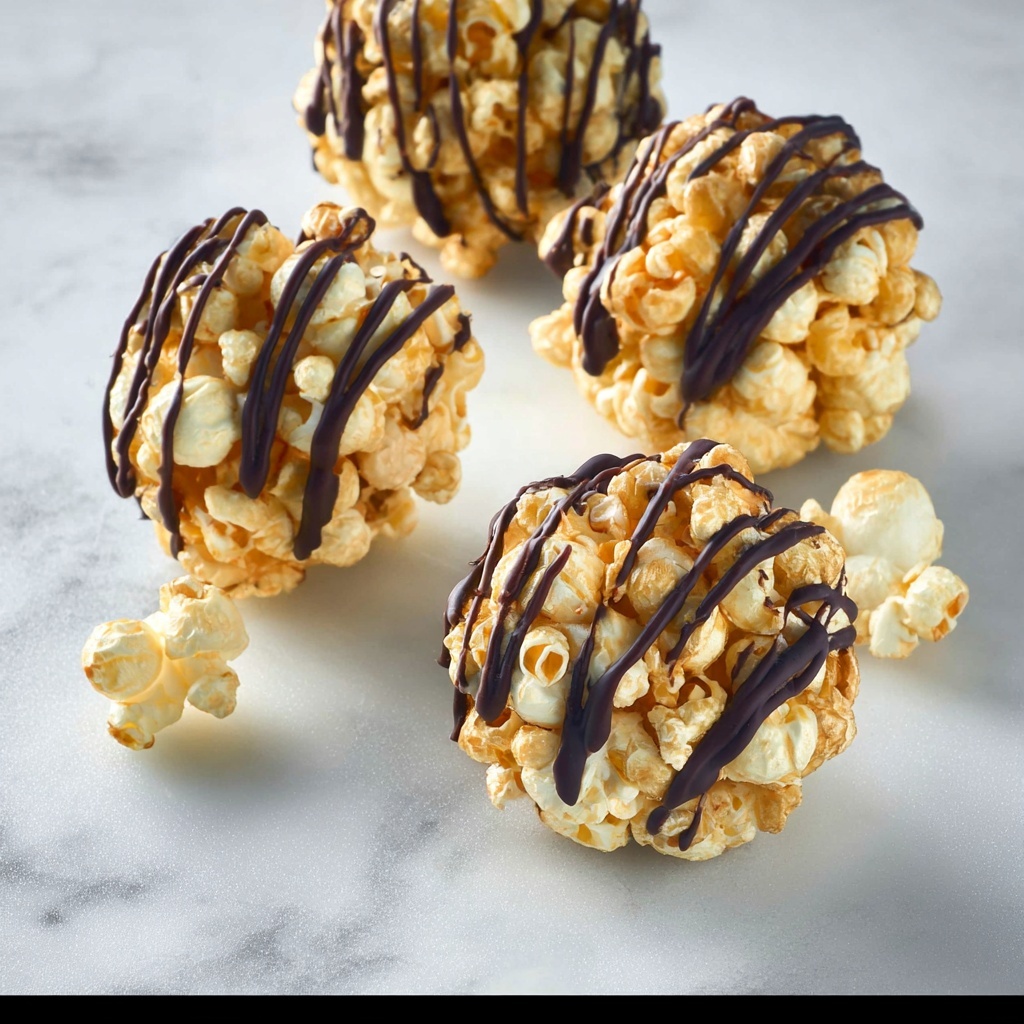 Healthy Peanut Butter Honey Popcorn Balls with Dark Chocolate Drizzle Recipe - Recipe Image