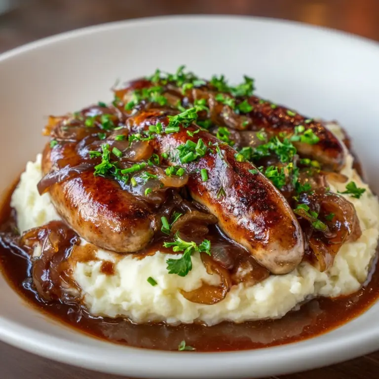 Bangers and Colcannon with Guinness Onion Gravy Recipe