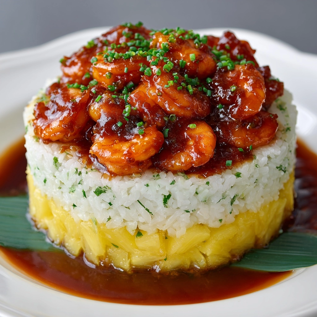 Teriyaki Shrimp and Pineapple Rice Stack Recipe - Recipe Image
