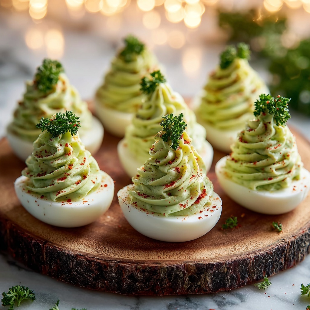 Christmas Tree Deviled Eggs with Avocado Filling Recipe - Recipe Image