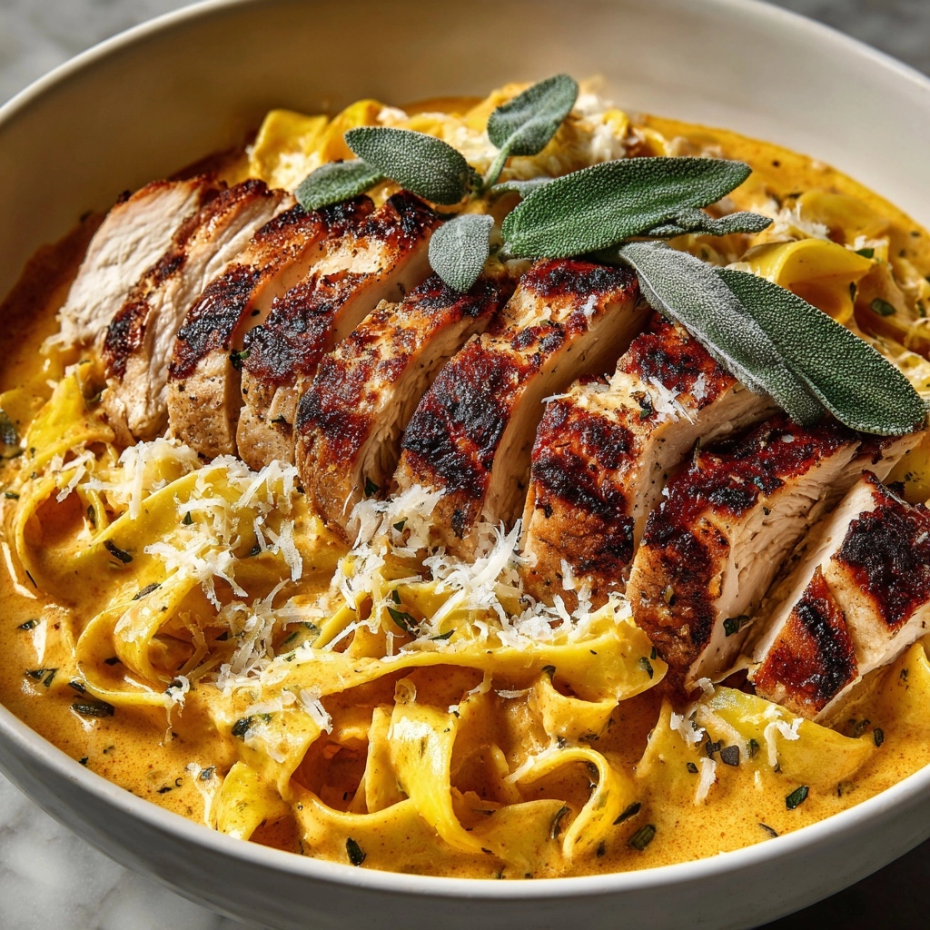 Pumpkin and Roasted Garlic Cream Sauce Fettuccine with Grilled Sage-Rubbed Chicken Recipe - Recipe Image