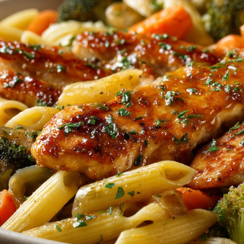 Honey Garlic Chicken with Roasted Veggie Penne Recipe - Recipe Image