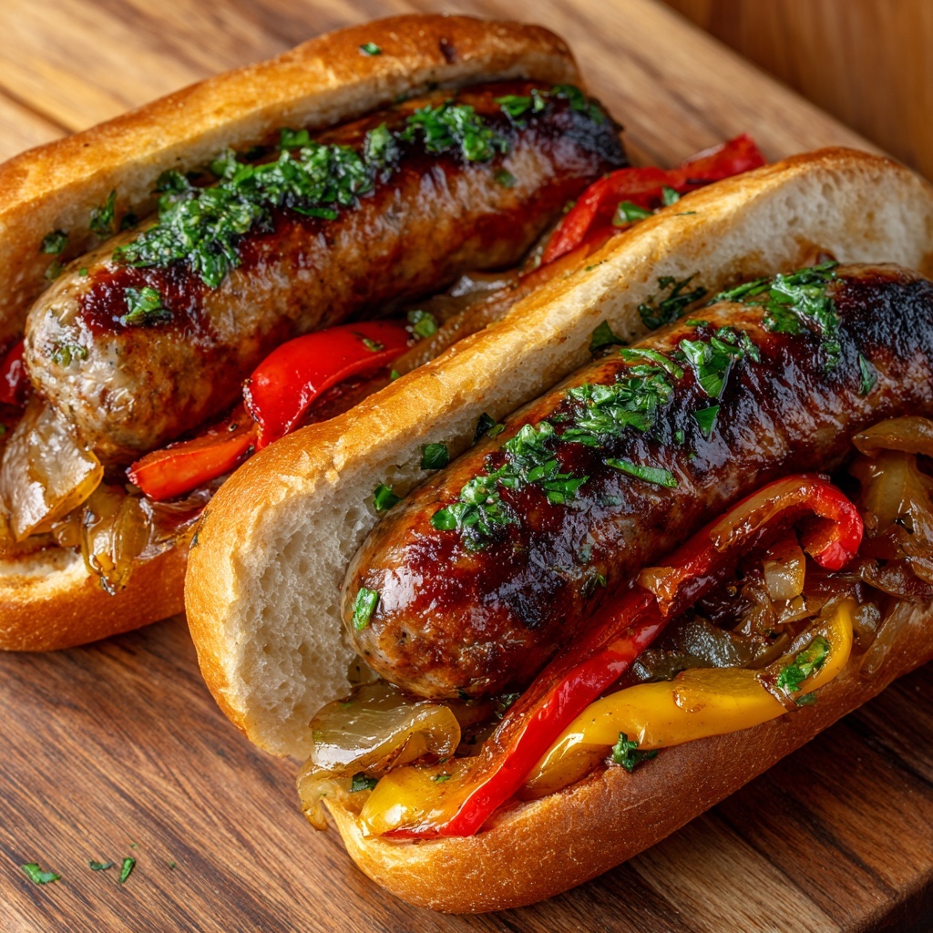 Grilled Sausage Sandwiches with Sautéed Peppers and Onions Recipe - Recipe Image
