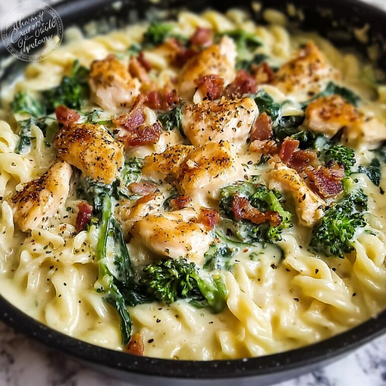 Decadent Garlic Butter Chicken Alfredo with Spinach, Bacon & Broccoli Recipe