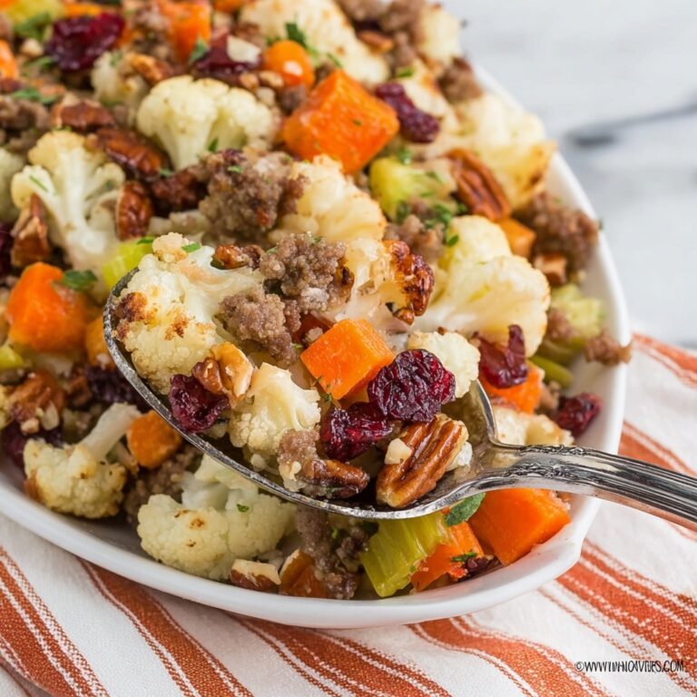 Savory Roasted Cauliflower Stuffing with Sausage, Cranberries, and Pecans Recipe