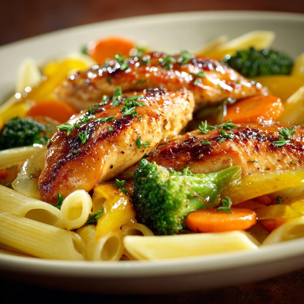 Honey Garlic Chicken with Roasted Veggie Penne Recipe - Recipe Image